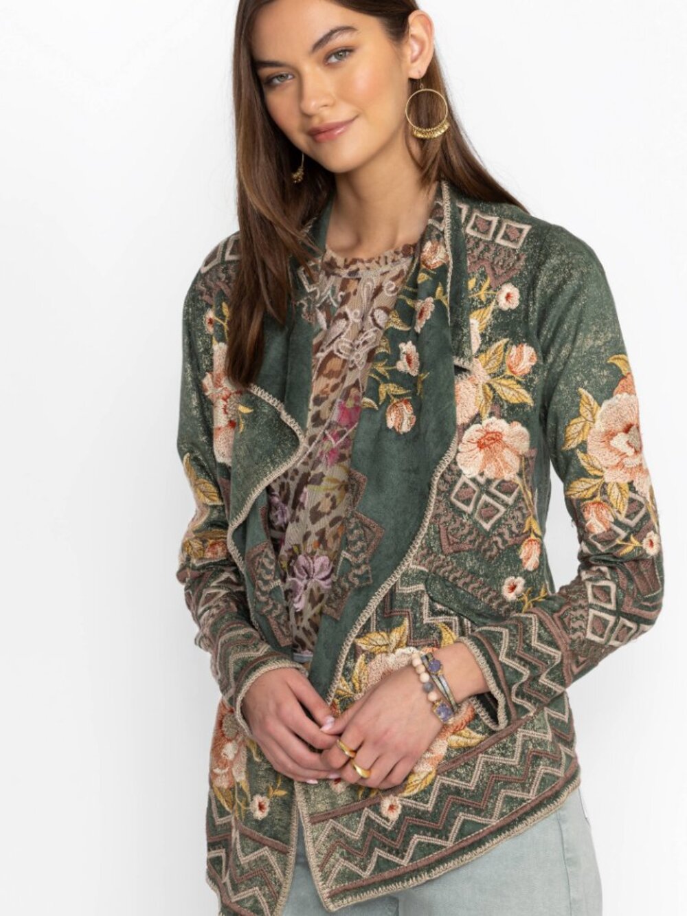 Johnny Was Biya Metallic Short Sweater Green Floral Embroidered Boho Women's S
